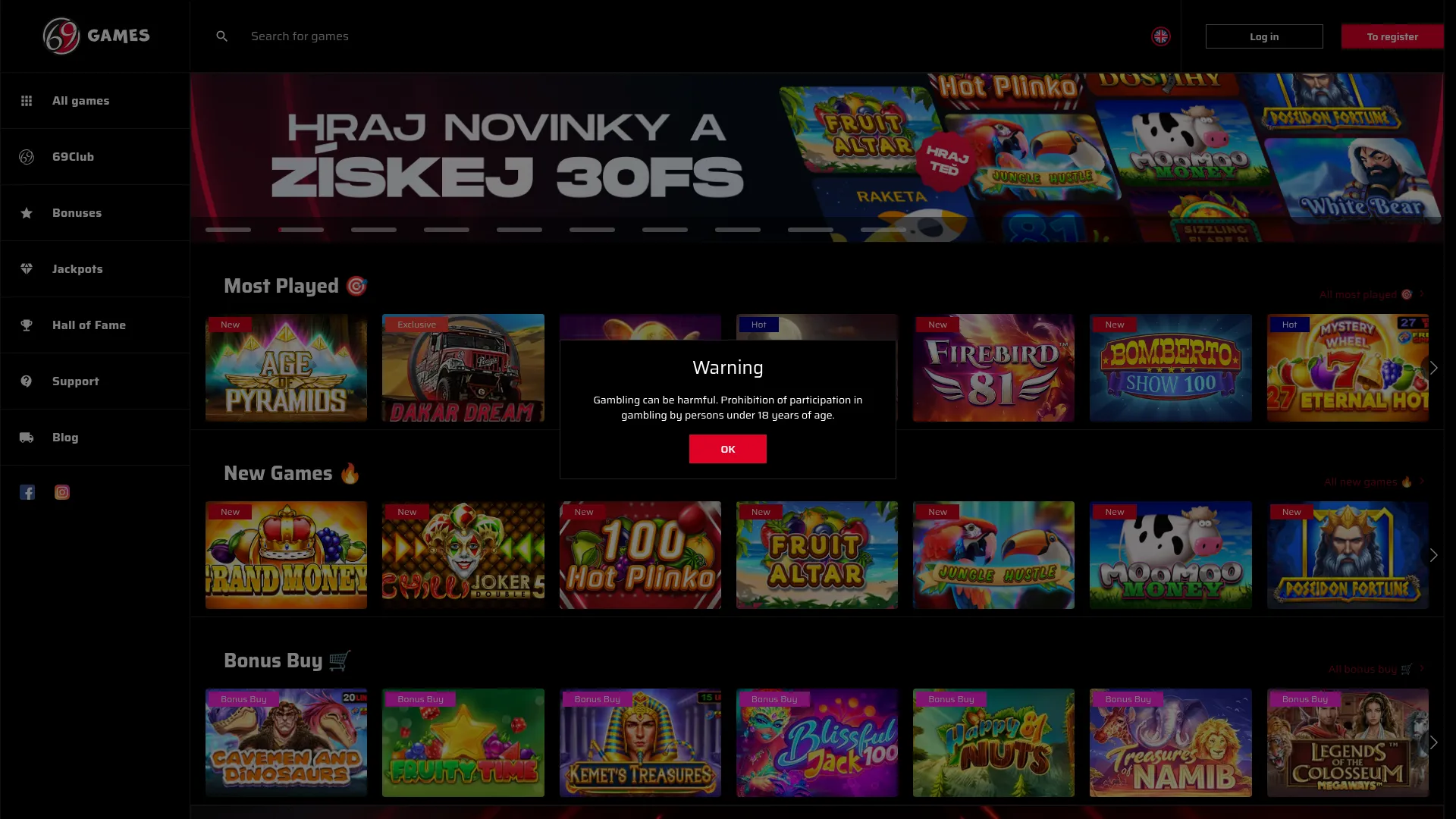 Enjoy 69 Casino desktop interface with casino offer, games and loyalty features