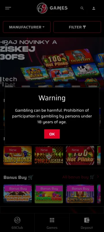 Enjoy 69 Casino mobile interface with game categories, account features and player tools